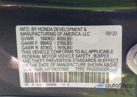 2024 Honda Civic Ex-L из США, поврежденный, VIN 19XFL1H71RE003647